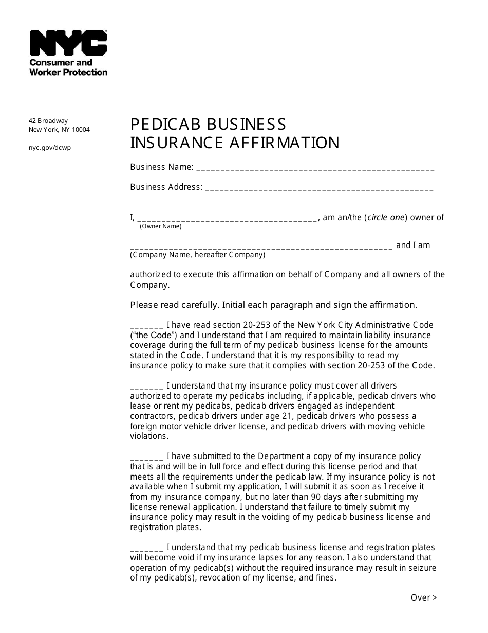 Pedicab Business Insurance Affirmation - New York City, Page 1