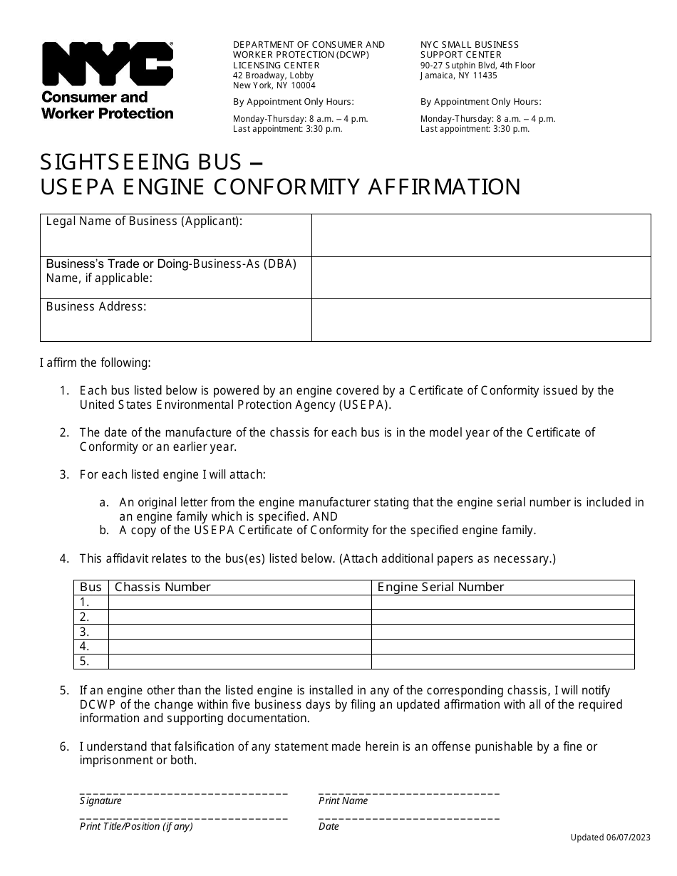 New York City Sightseeing Bus Usepa Engine Conformity Affirmation