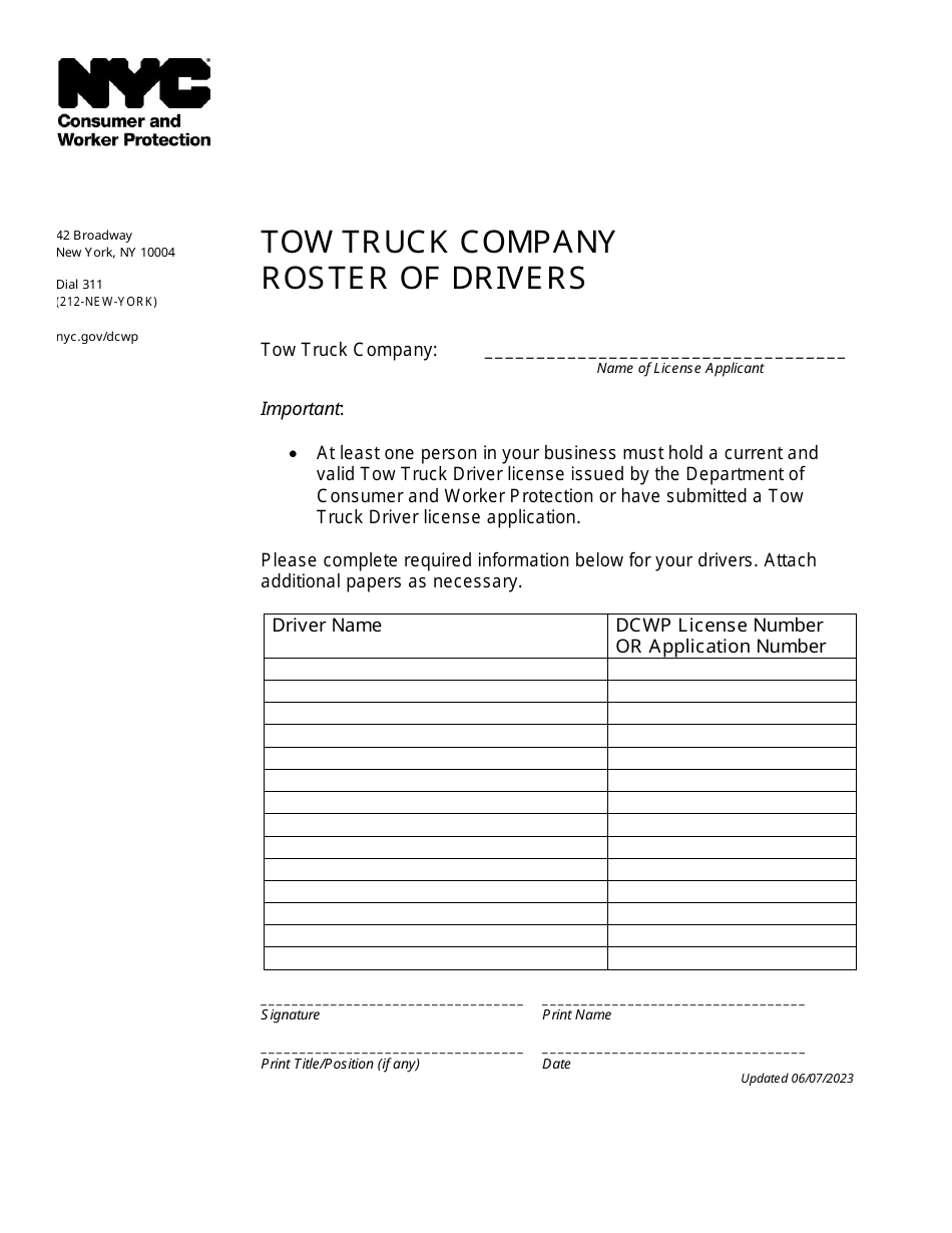 Tow Truck Company Roster of Drivers - New York City, Page 1