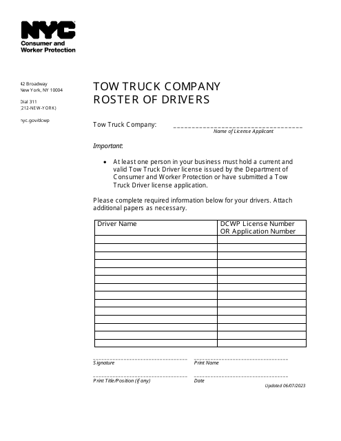 Tow Truck Company Roster of Drivers - New York City
