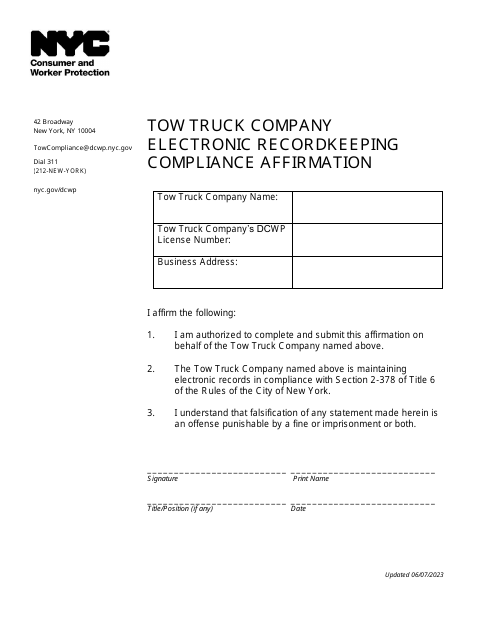 Tow Truck Company Electronic Recordkeeping Compliance Affirmation - New York City