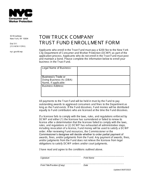 Tow Truck Company Trust Fund Enrollment Form - New York City Download Pdf