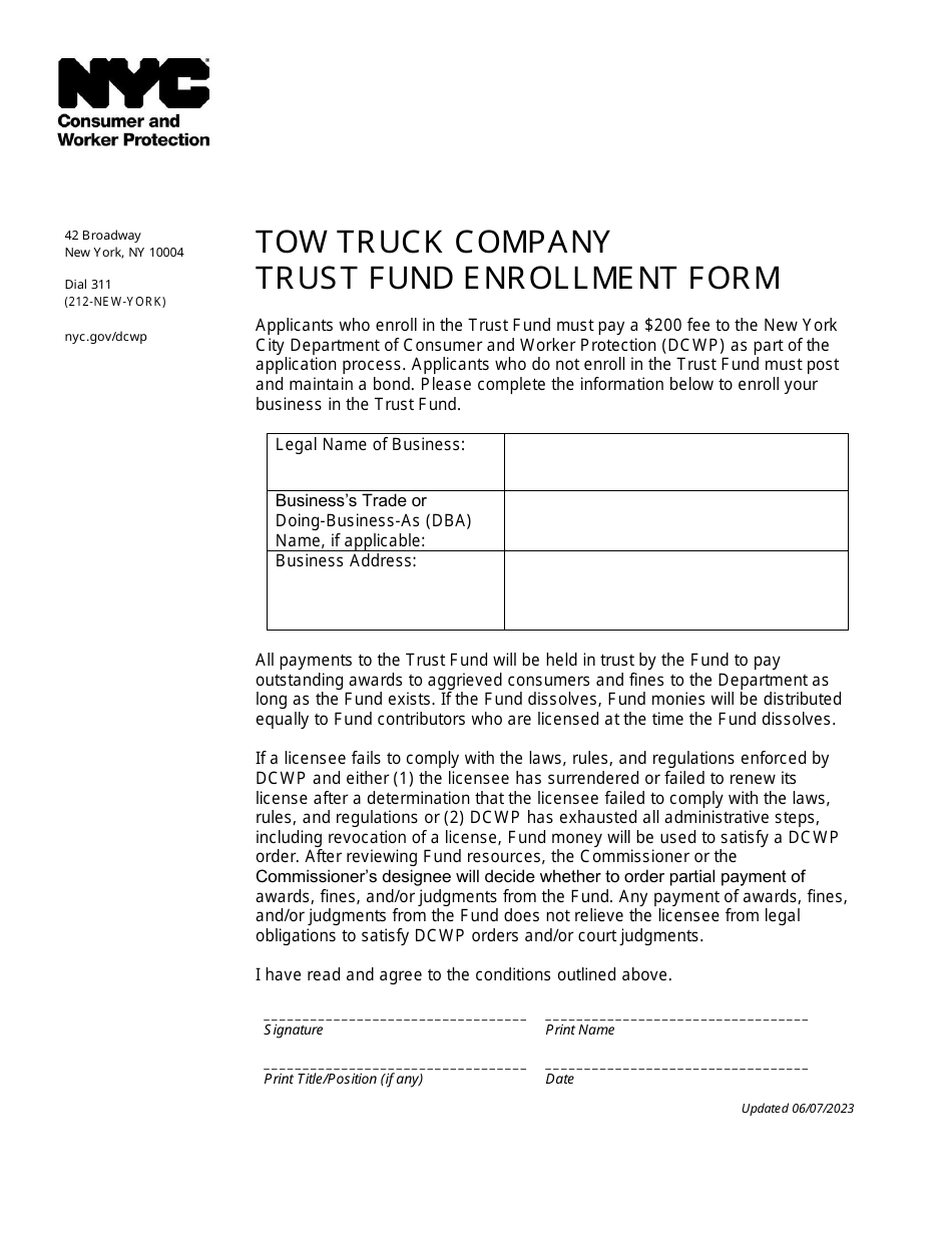 New York City Tow Truck Company Trust Fund Enrollment Form Download