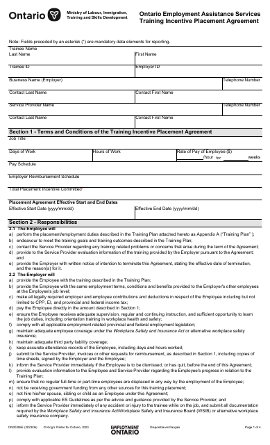 Form ON00306E Ontario Employment Assistance Services Training Incentive Placement Agreement - Ontario, Canada