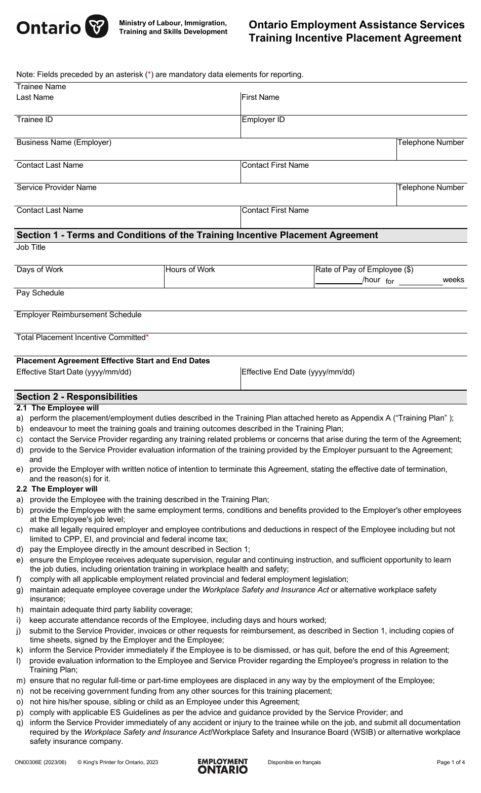 Form ON00306E Ontario Employment Assistance Services Training Incentive Placement Agreement - Ontario, Canada, Page 1
