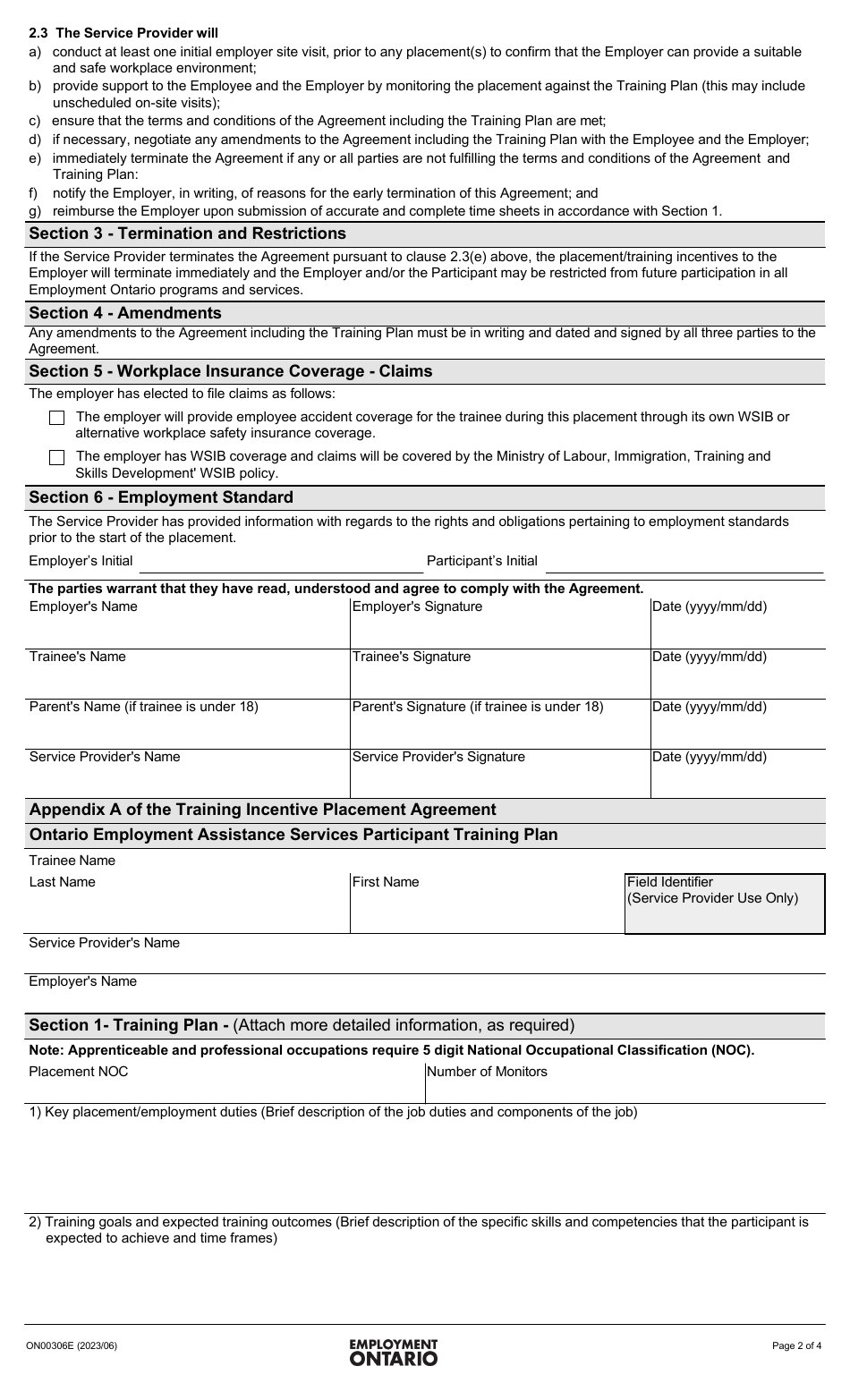 Form ON00306E Ontario Employment Assistance Services Training Incentive Placement Agreement - Ontario, Canada, Page 2