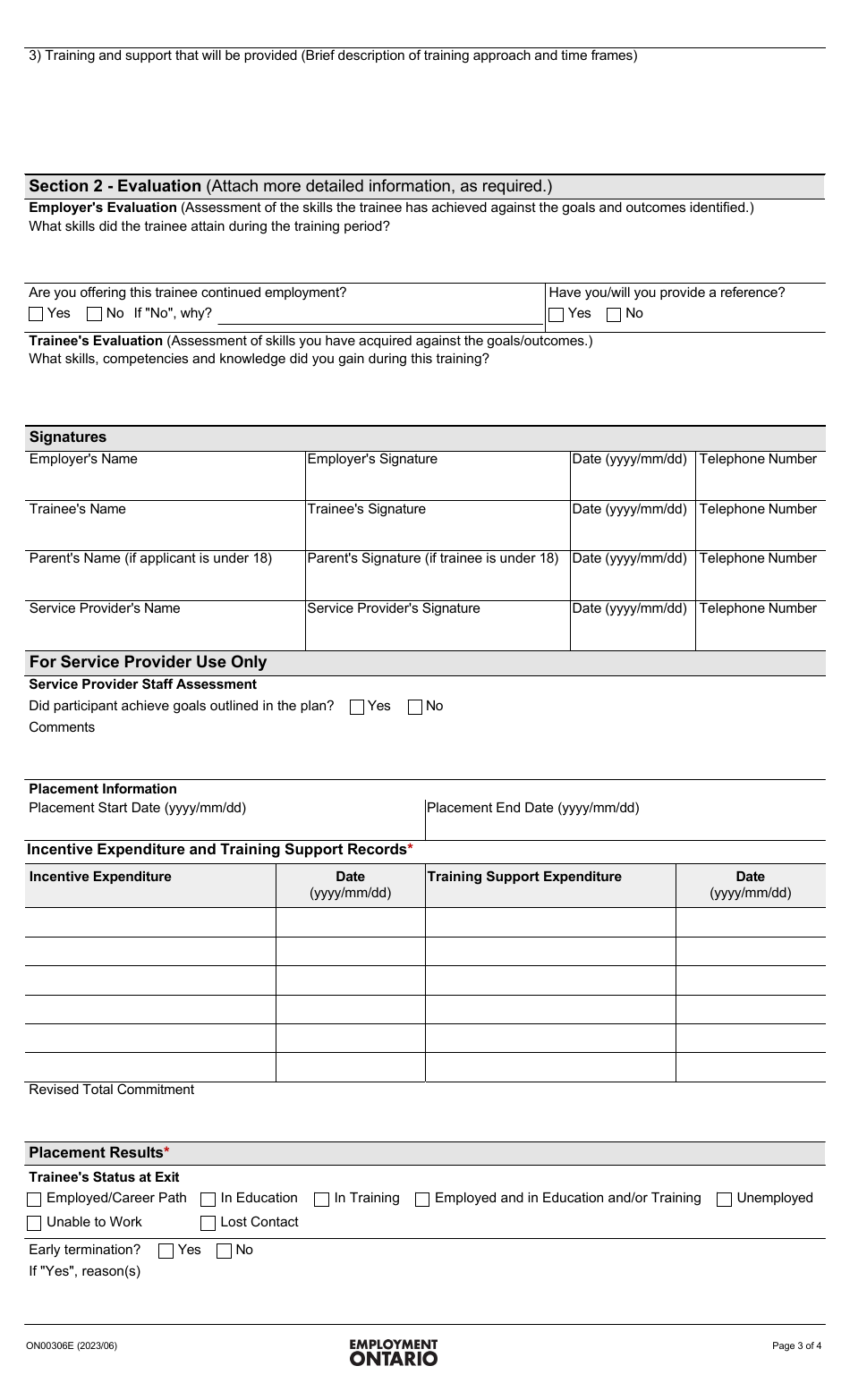 Form ON00306E Ontario Employment Assistance Services Training Incentive Placement Agreement - Ontario, Canada, Page 3