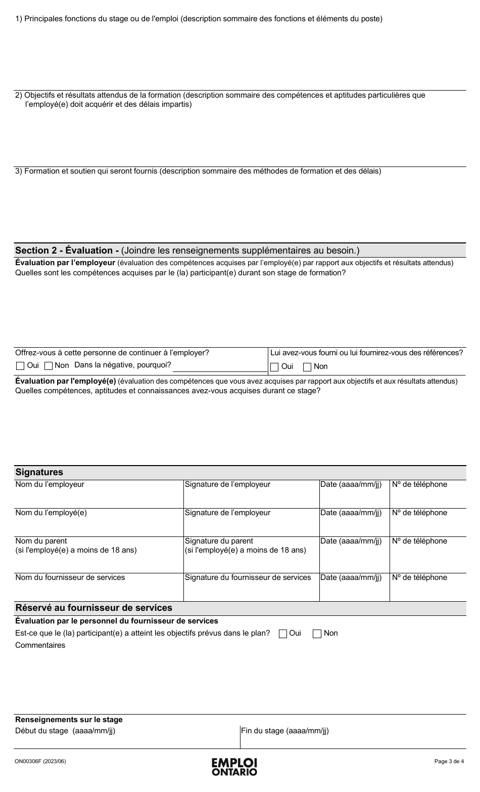 Forme ON00306F Services Daide a Lemploi De Lontario (Saeo) Entente De Stage Avec Incitatif a La Formation - Ontario, Canada (French), Page 3