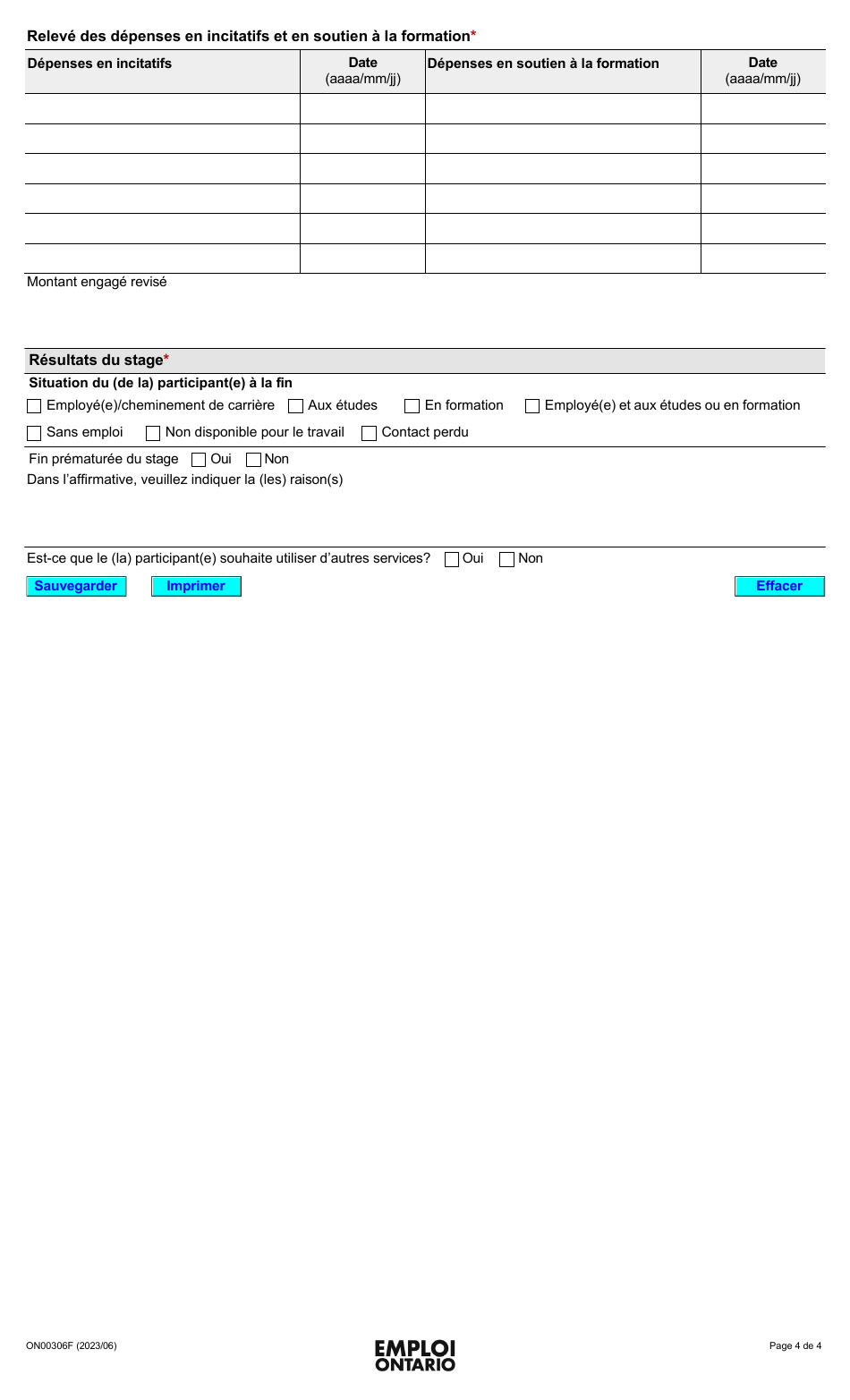 Forme ON00306F Services Daide a Lemploi De Lontario (Saeo) Entente De Stage Avec Incitatif a La Formation - Ontario, Canada (French), Page 4