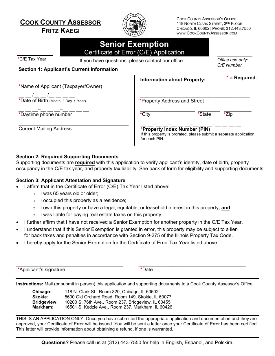 Cook County, Illinois Senior Exemption Certificate of Error (C/E