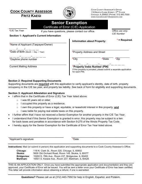 Senior Exemption Certificate of Error (C / E) Application - Cook County, Illinois Download Pdf