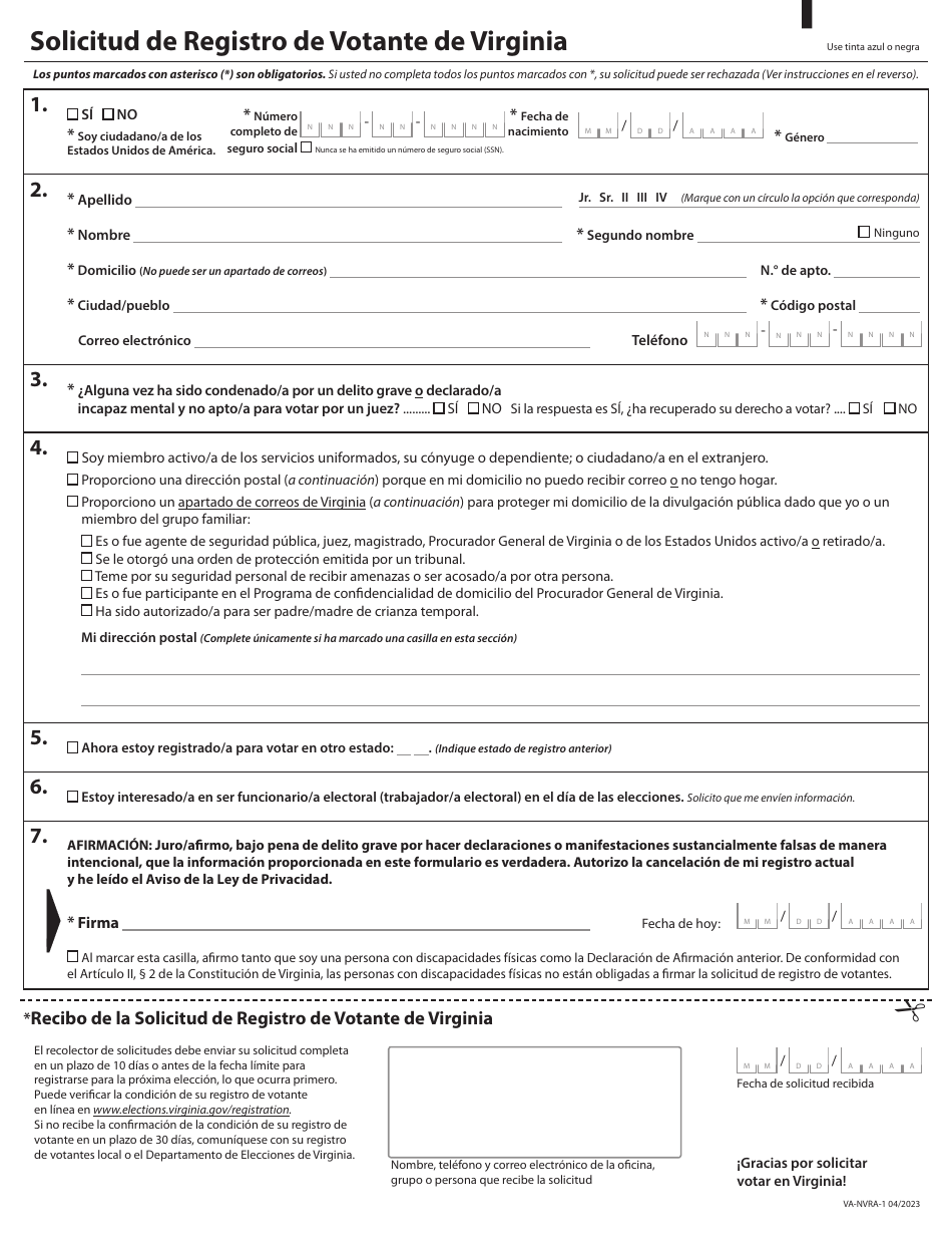 Formulario VA-NVRA-1 Solicitud De Registro De Votante De Virginia - Virginia (Spanish), Page 1