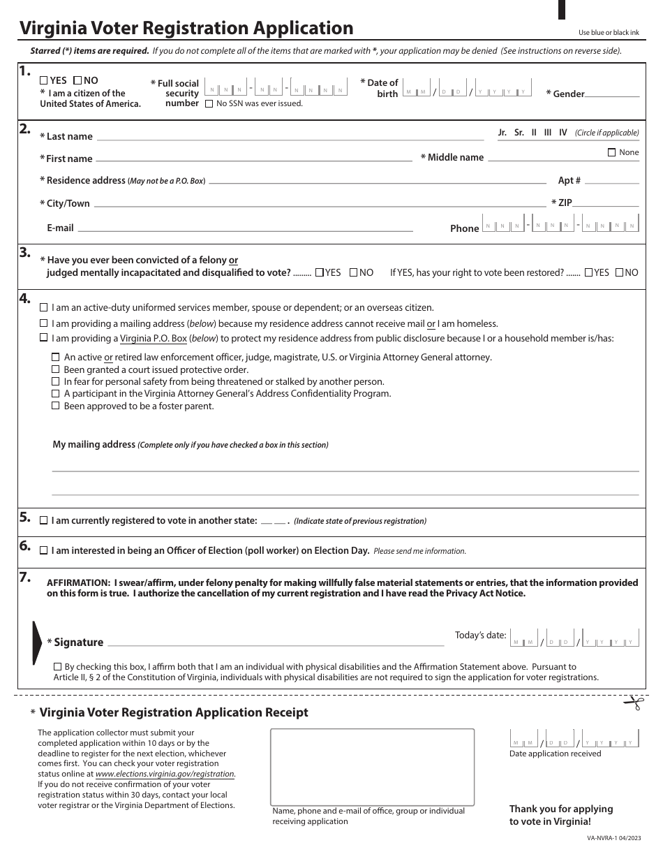 Form VA-NVRA-1 Virginia Voter Registration Application - Virginia, Page 1