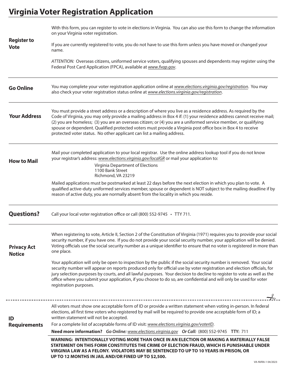 Form VA-NVRA-1 Virginia Voter Registration Application - Virginia, Page 2
