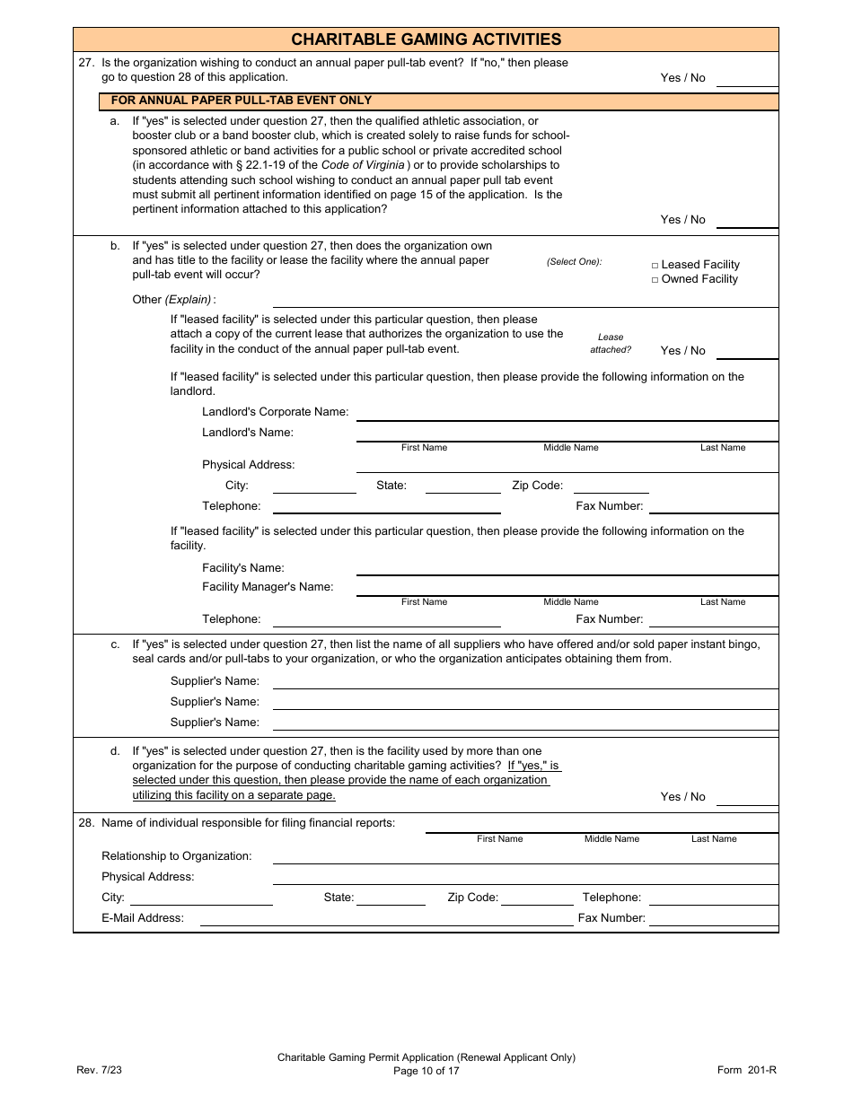 Form 201-R Charitable Gaming Permit Application (Renewal Applicant Only) - Virginia, Page 10