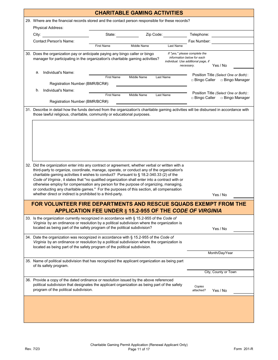 Form 201-R Charitable Gaming Permit Application (Renewal Applicant Only) - Virginia, Page 11