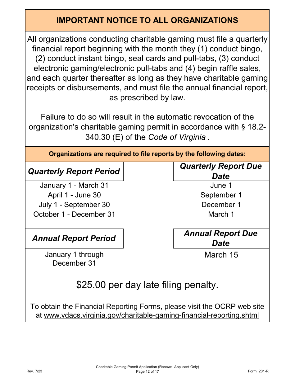 Form 201-R Charitable Gaming Permit Application (Renewal Applicant Only) - Virginia, Page 12