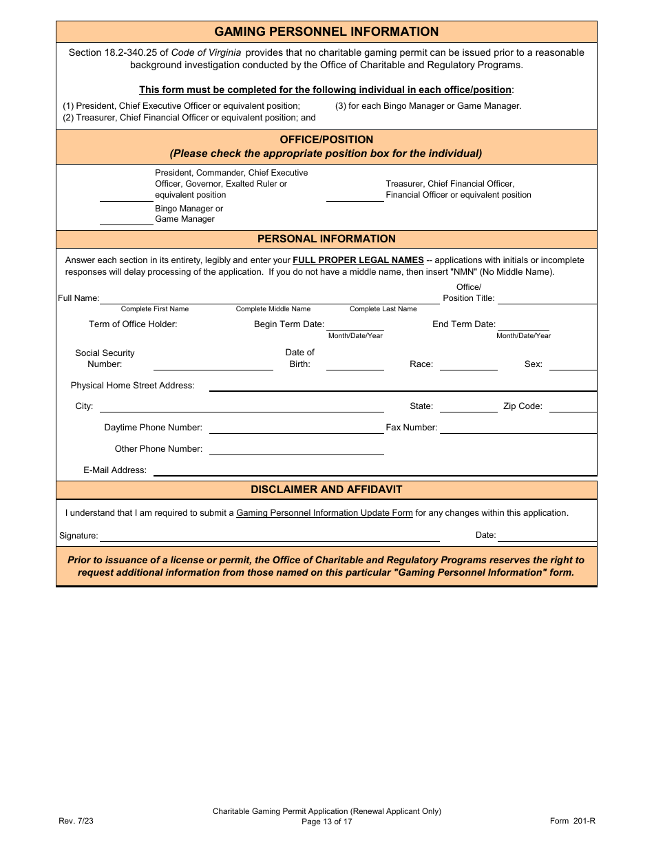 Form 201-R Charitable Gaming Permit Application (Renewal Applicant Only) - Virginia, Page 13