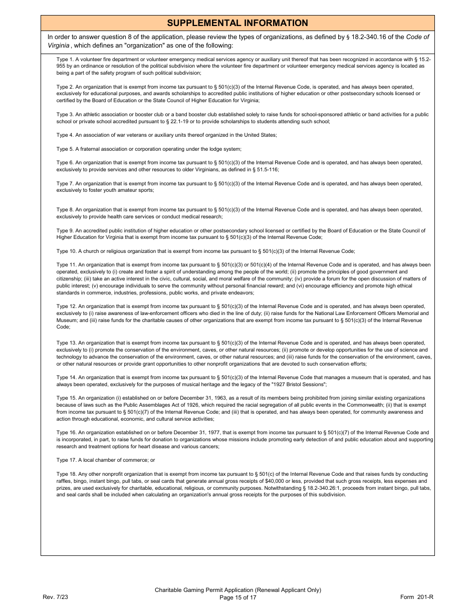 Form 201-R Charitable Gaming Permit Application (Renewal Applicant Only) - Virginia, Page 15