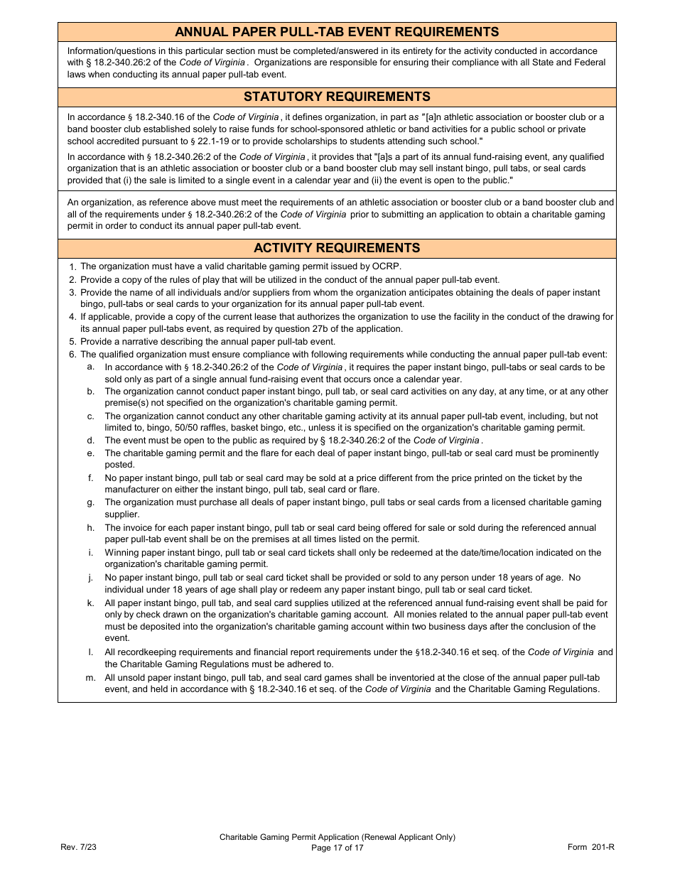 Form 201-R Charitable Gaming Permit Application (Renewal Applicant Only) - Virginia, Page 17