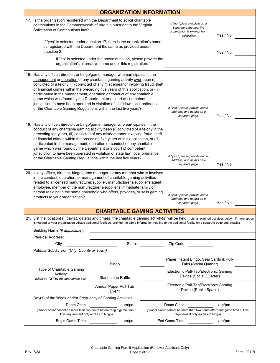Form 201-R Charitable Gaming Permit Application (Renewal Applicant Only) - Virginia, Page 3
