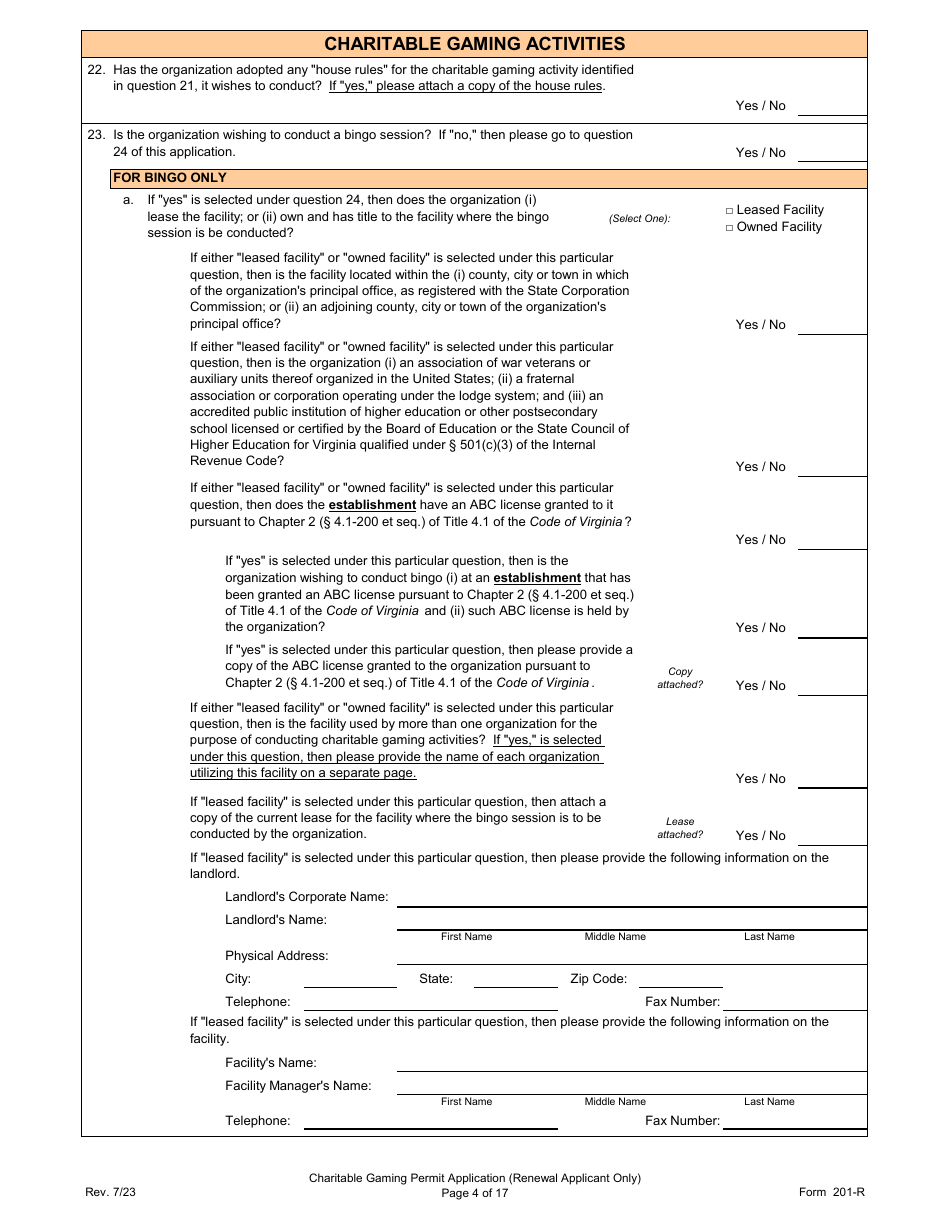 Form 201-R Charitable Gaming Permit Application (Renewal Applicant Only) - Virginia, Page 4