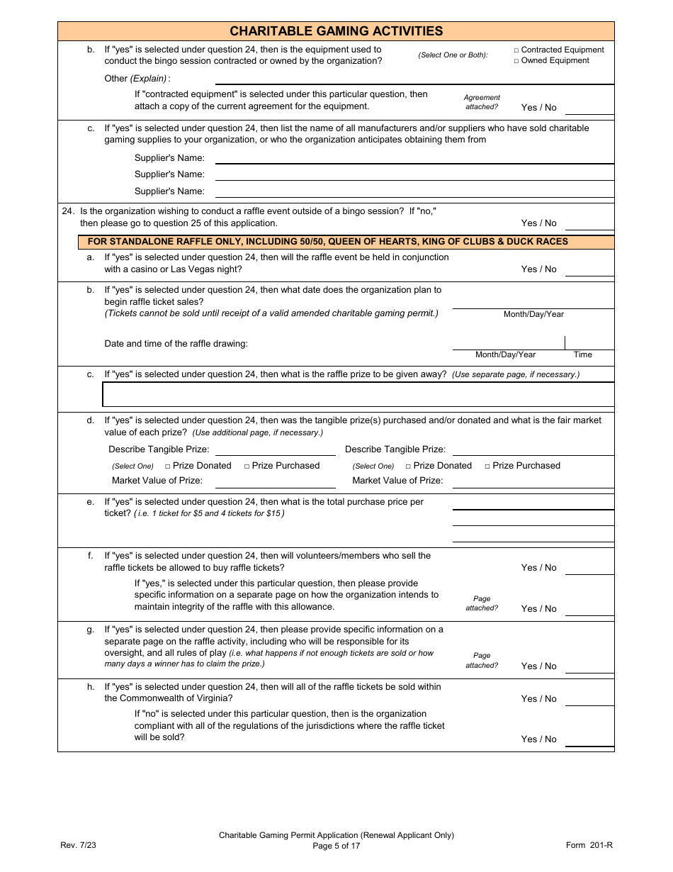 Form 201-R Charitable Gaming Permit Application (Renewal Applicant Only) - Virginia, Page 5