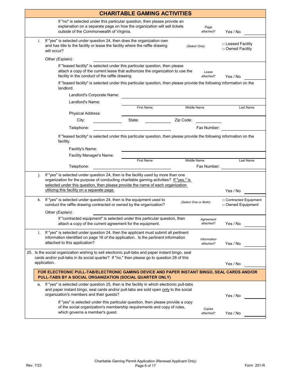 Form 201-R Charitable Gaming Permit Application (Renewal Applicant Only) - Virginia, Page 6