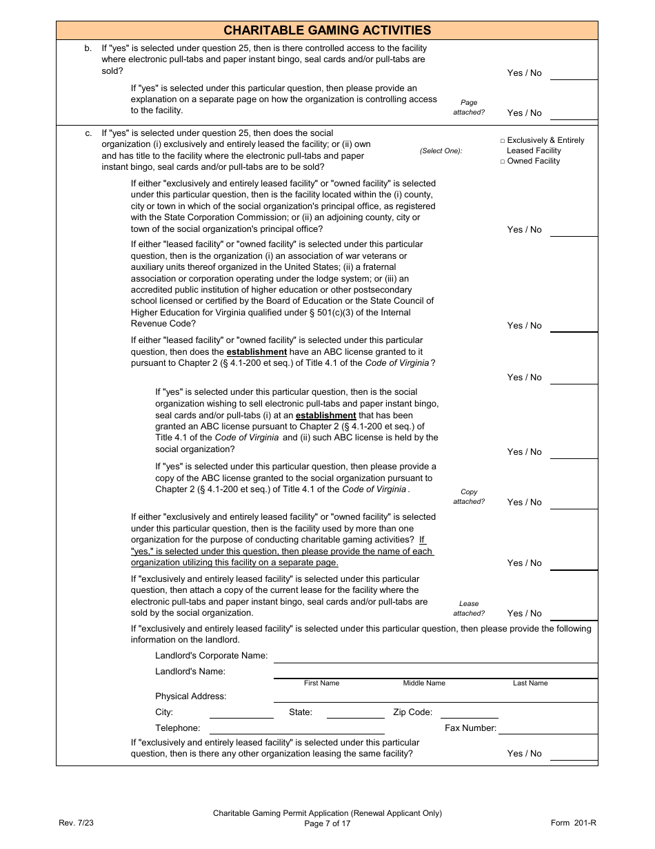 Form 201-R Charitable Gaming Permit Application (Renewal Applicant Only) - Virginia, Page 7