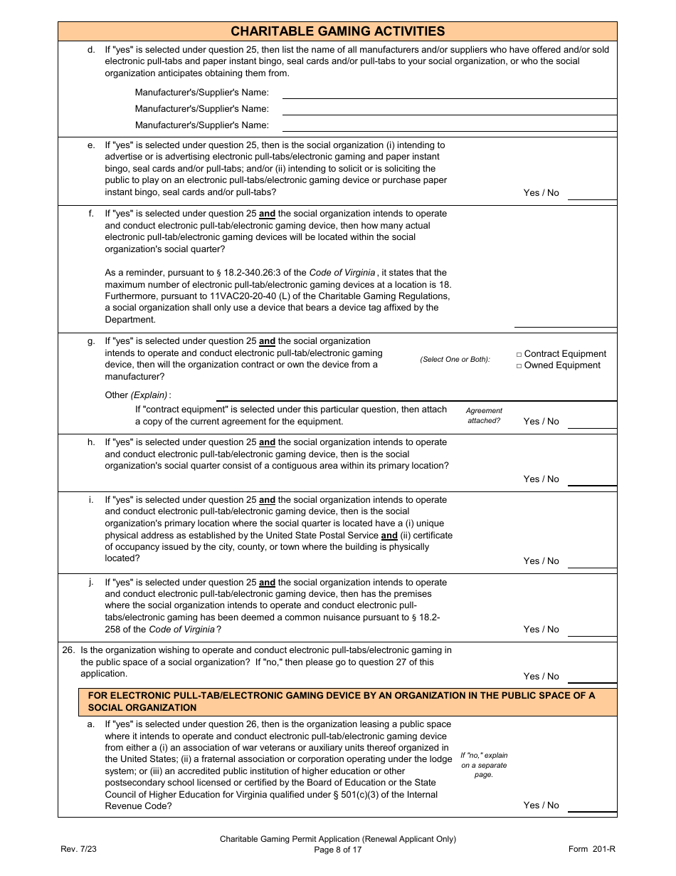 Form 201-R Charitable Gaming Permit Application (Renewal Applicant Only) - Virginia, Page 8