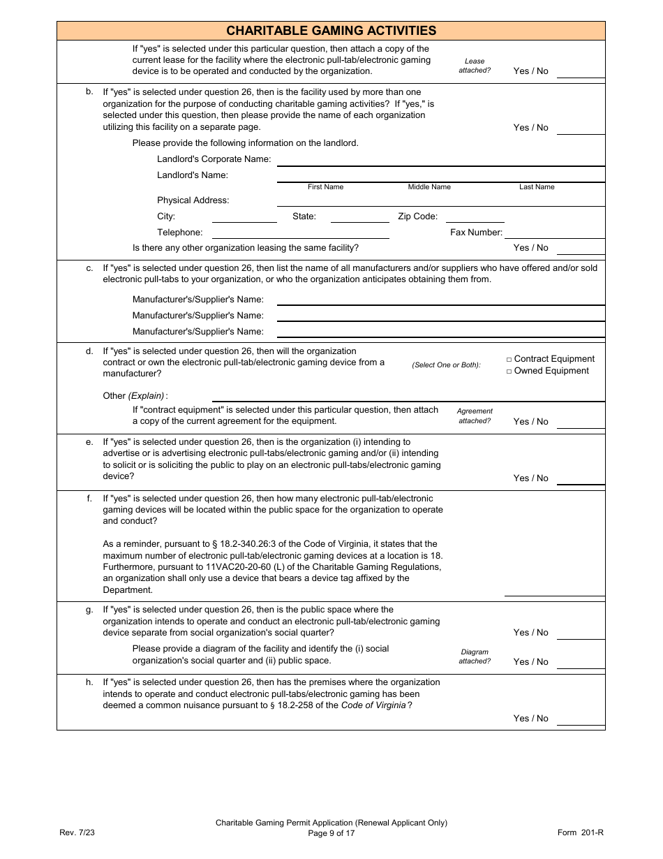 Form 201-R Charitable Gaming Permit Application (Renewal Applicant Only) - Virginia, Page 9