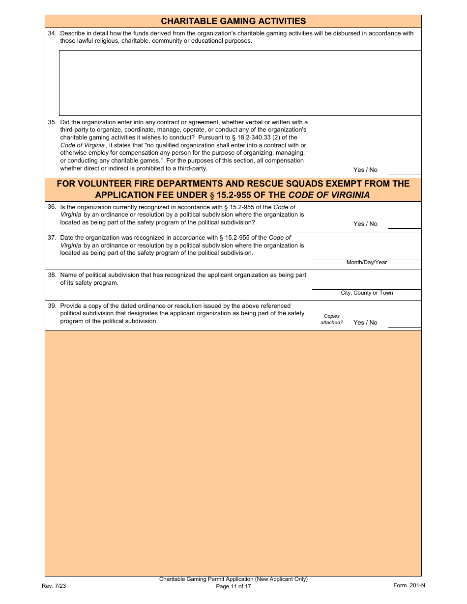 Form 201-N Charitable Gaming Permit Application (New Applicant Only) - Virginia, Page 11