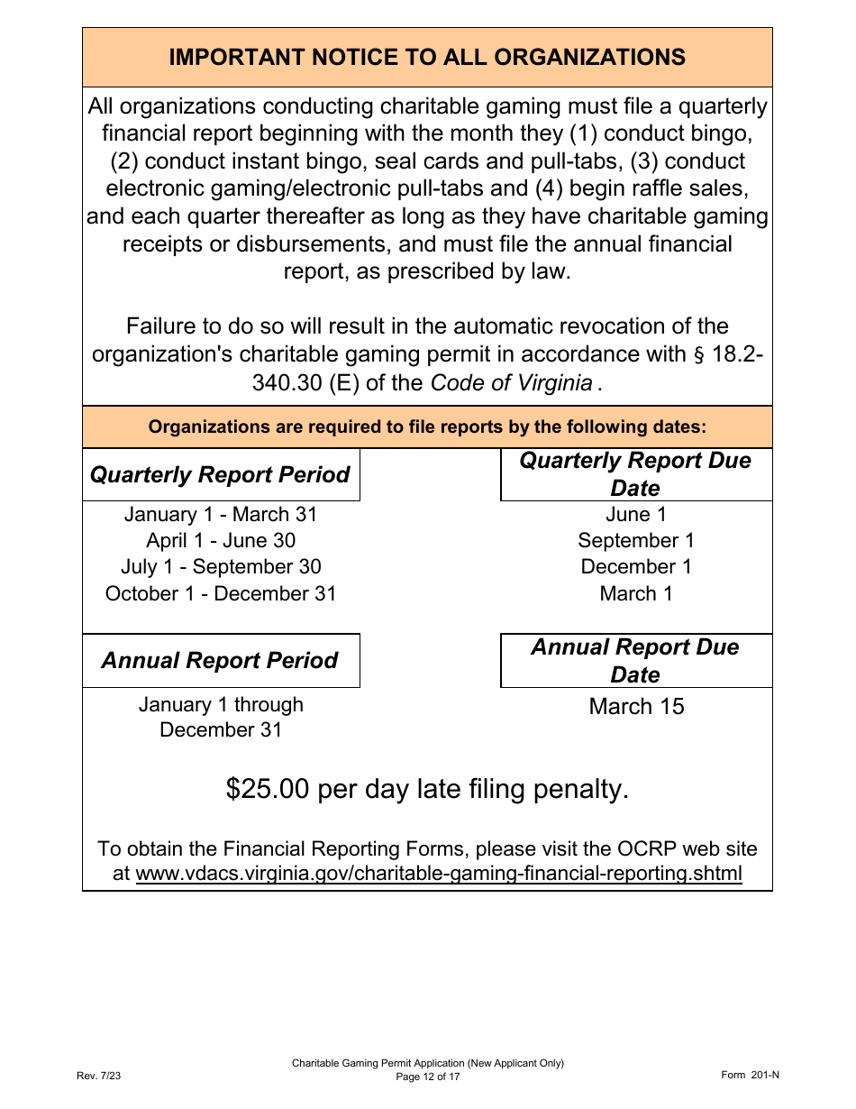 Form 201-N Charitable Gaming Permit Application (New Applicant Only) - Virginia, Page 12