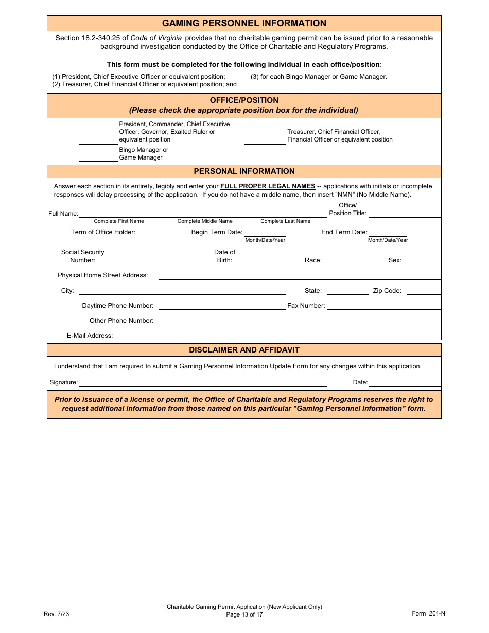 Form 201-N Charitable Gaming Permit Application (New Applicant Only) - Virginia, Page 13