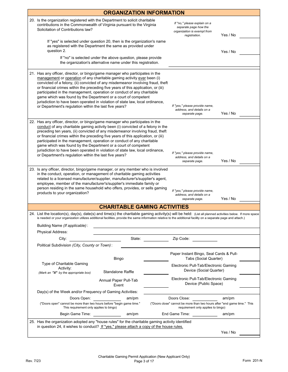 Form 201-N Charitable Gaming Permit Application (New Applicant Only) - Virginia, Page 3