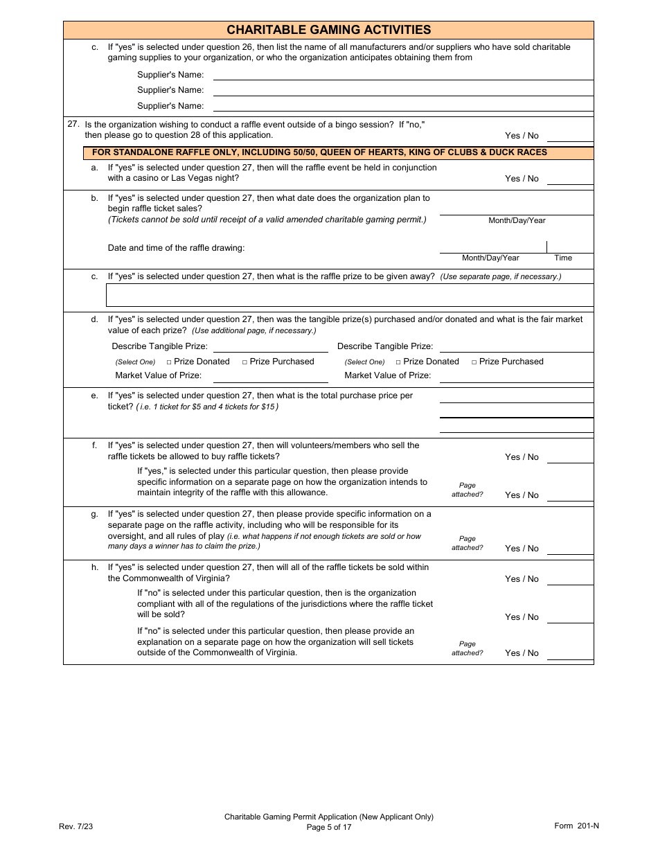 Form 201-N Charitable Gaming Permit Application (New Applicant Only) - Virginia, Page 5