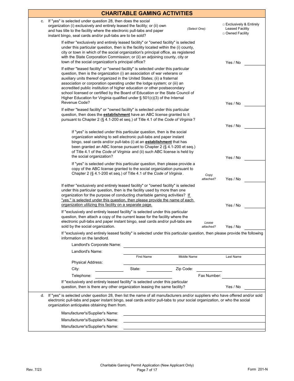 Form 201-N Charitable Gaming Permit Application (New Applicant Only) - Virginia, Page 7