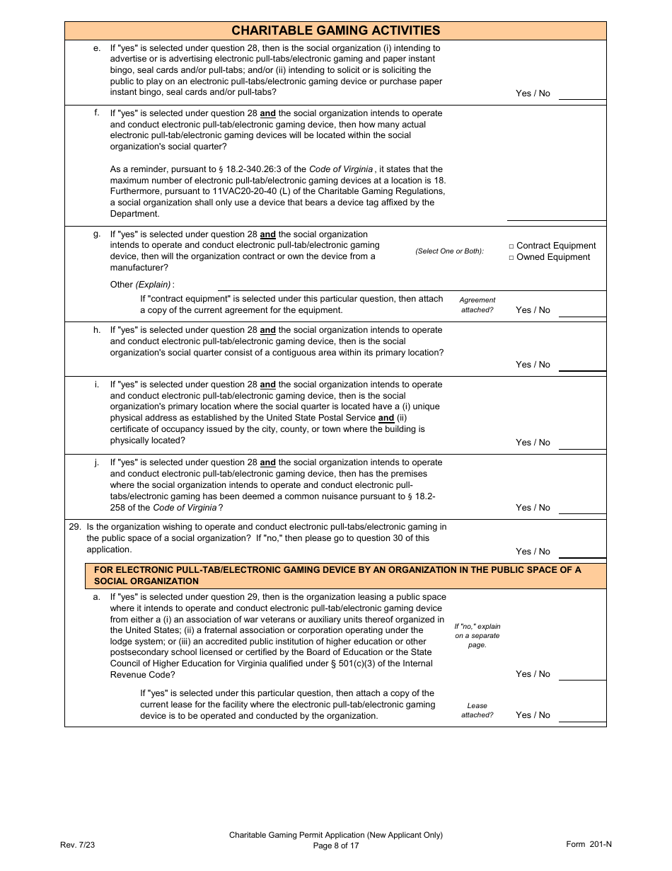Form 201-N Charitable Gaming Permit Application (New Applicant Only) - Virginia, Page 8