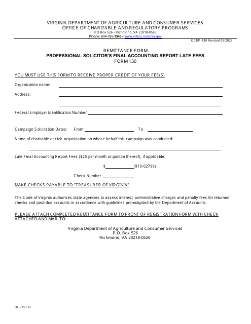 Form OCRP-130 Professional Solicitor's Final Accounting Report Late Fees - Virginia