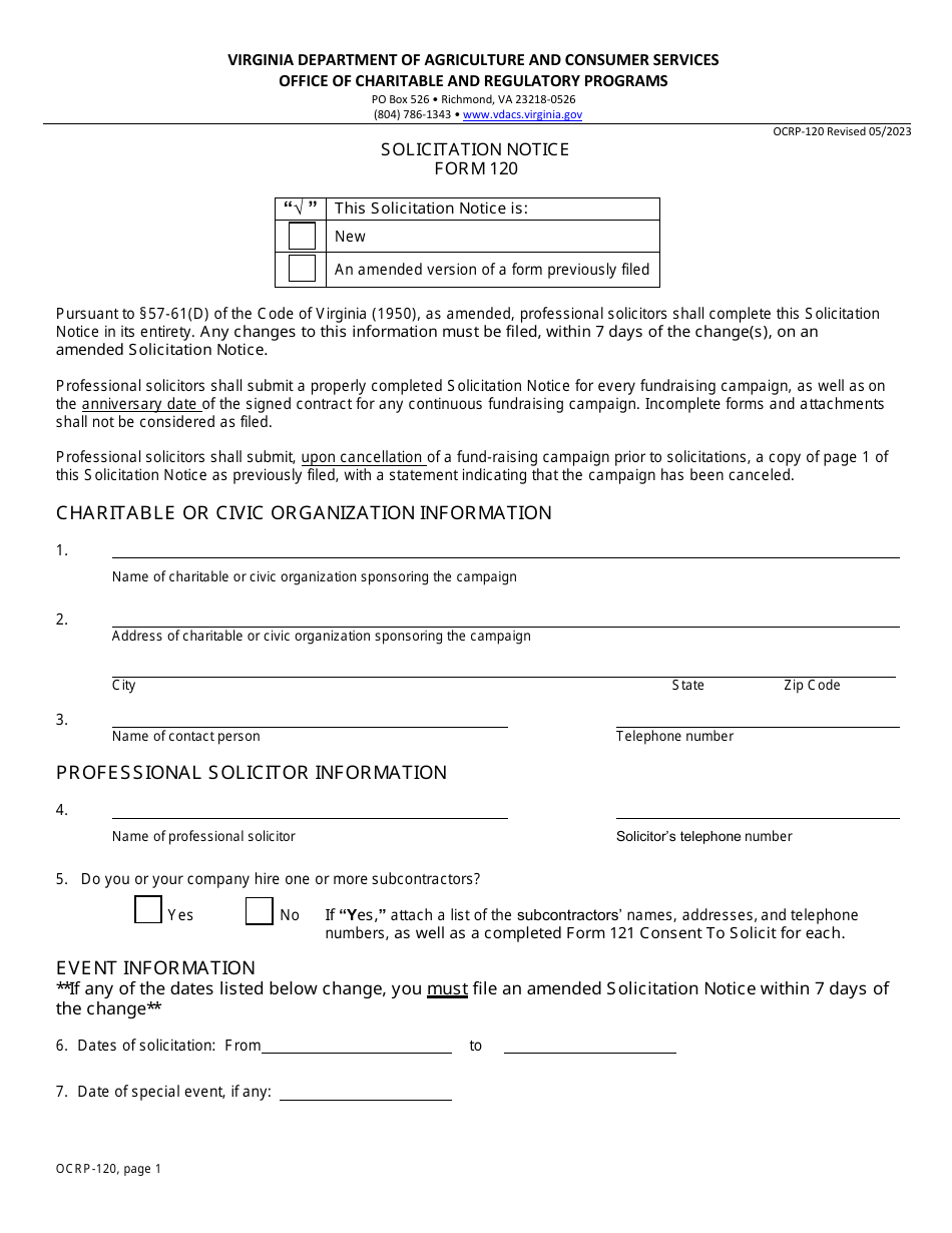 Form OCRP-120 Solicitation Notice - Virginia, Page 1