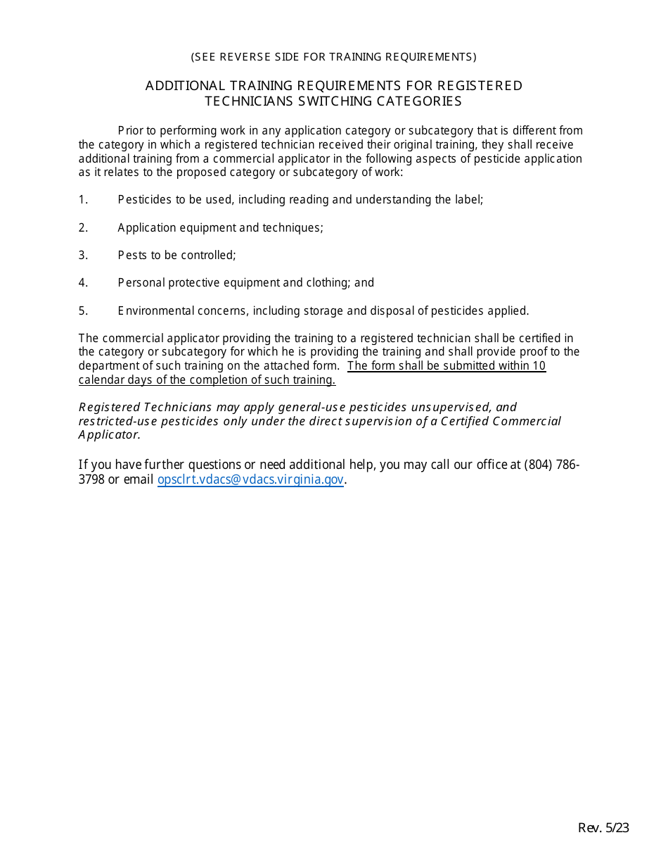 Proof of Additional Category Specific Training for Registered Technicians - Virginia, Page 2