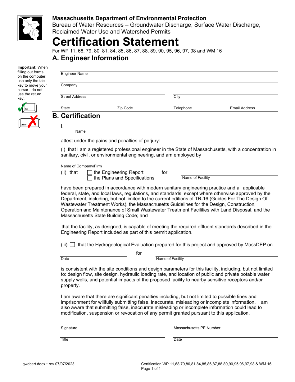 Massachusetts Certification Statement for Groundwater Discharge