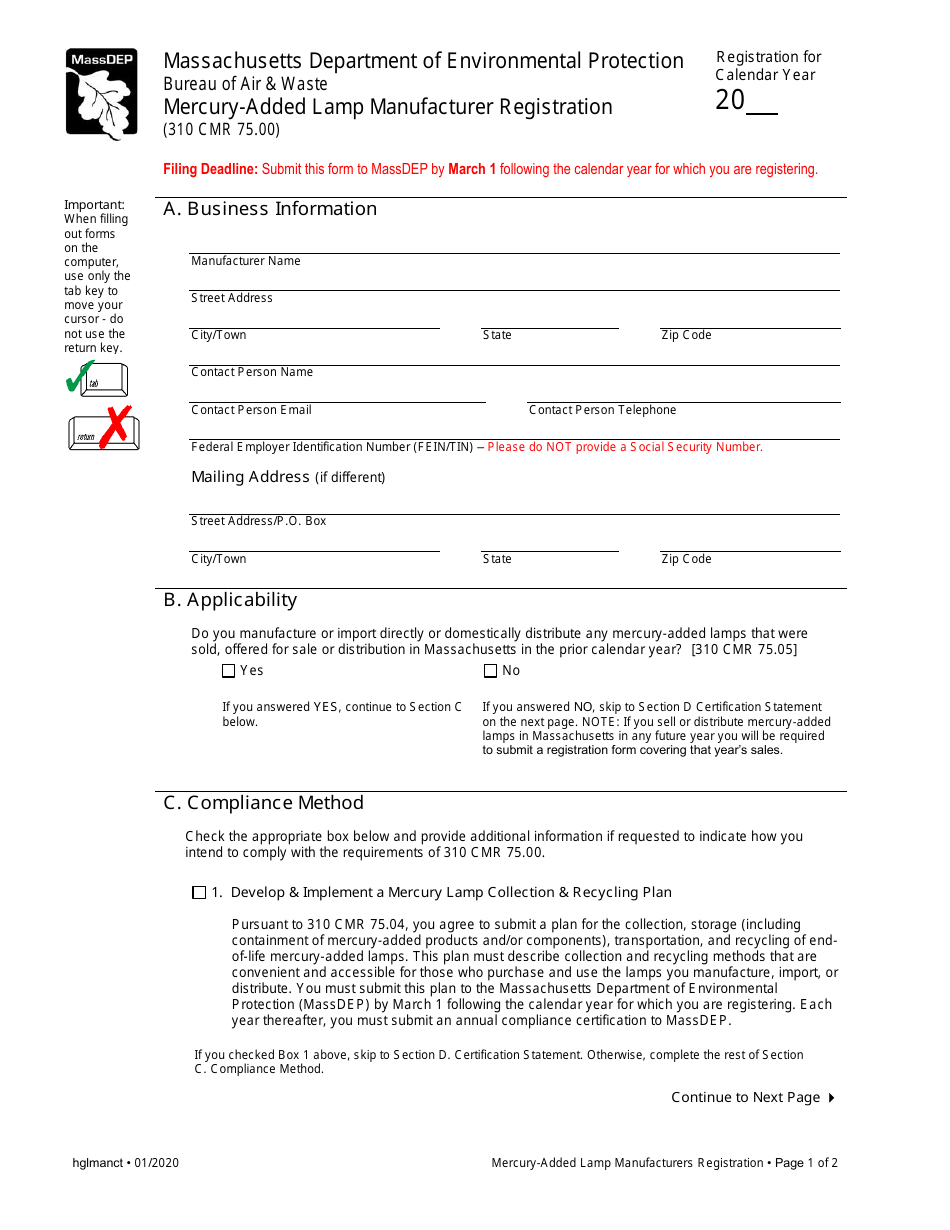 Mercury-Added Lamp Manufacturer Registration - Massachusetts, Page 1