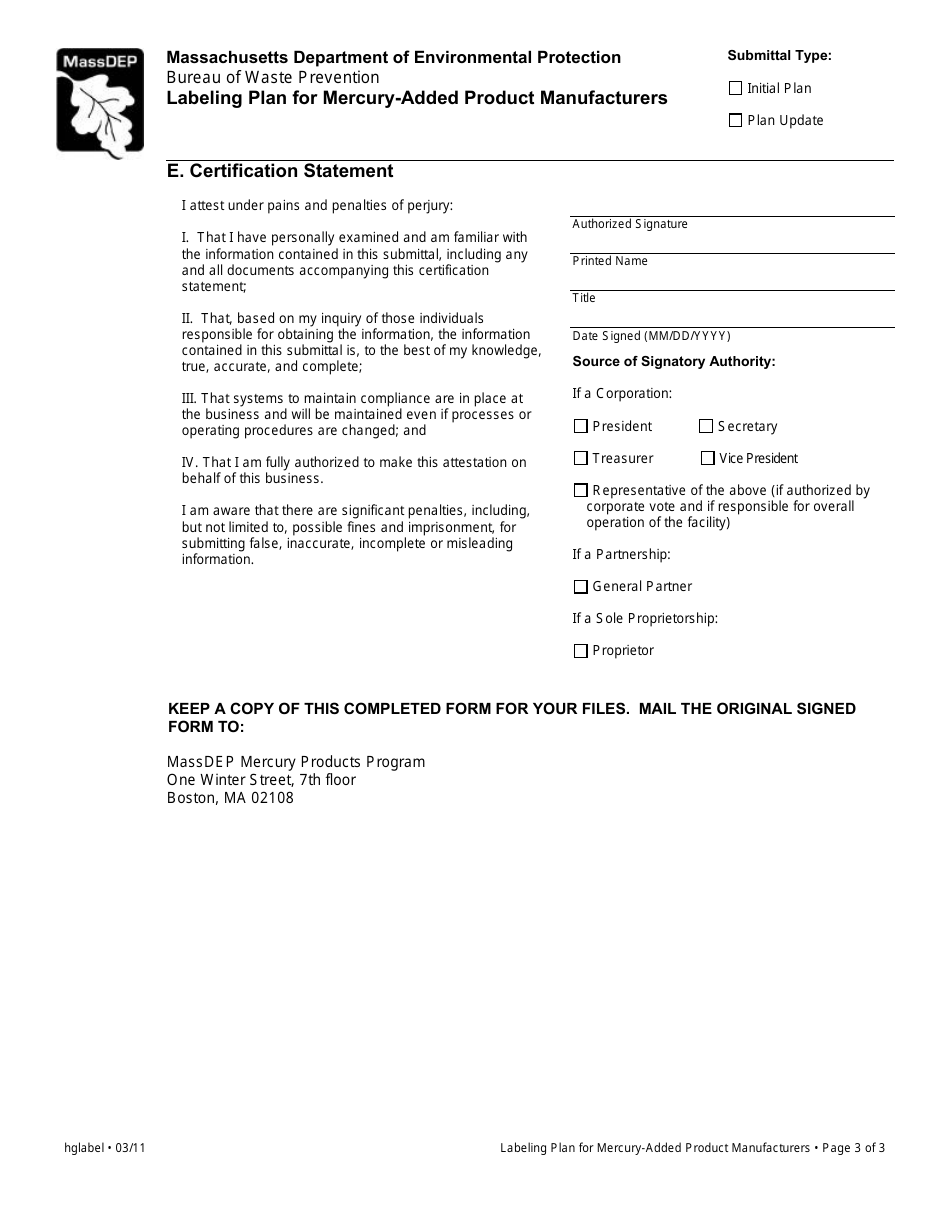 Labeling Plan for Mercury-Added Product Manufacturers - Massachusetts, Page 3