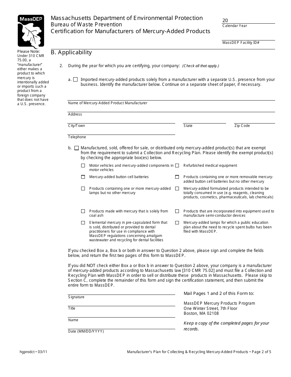 Certification for Manufacturers of Mercury-Added Products - Massachusetts, Page 2