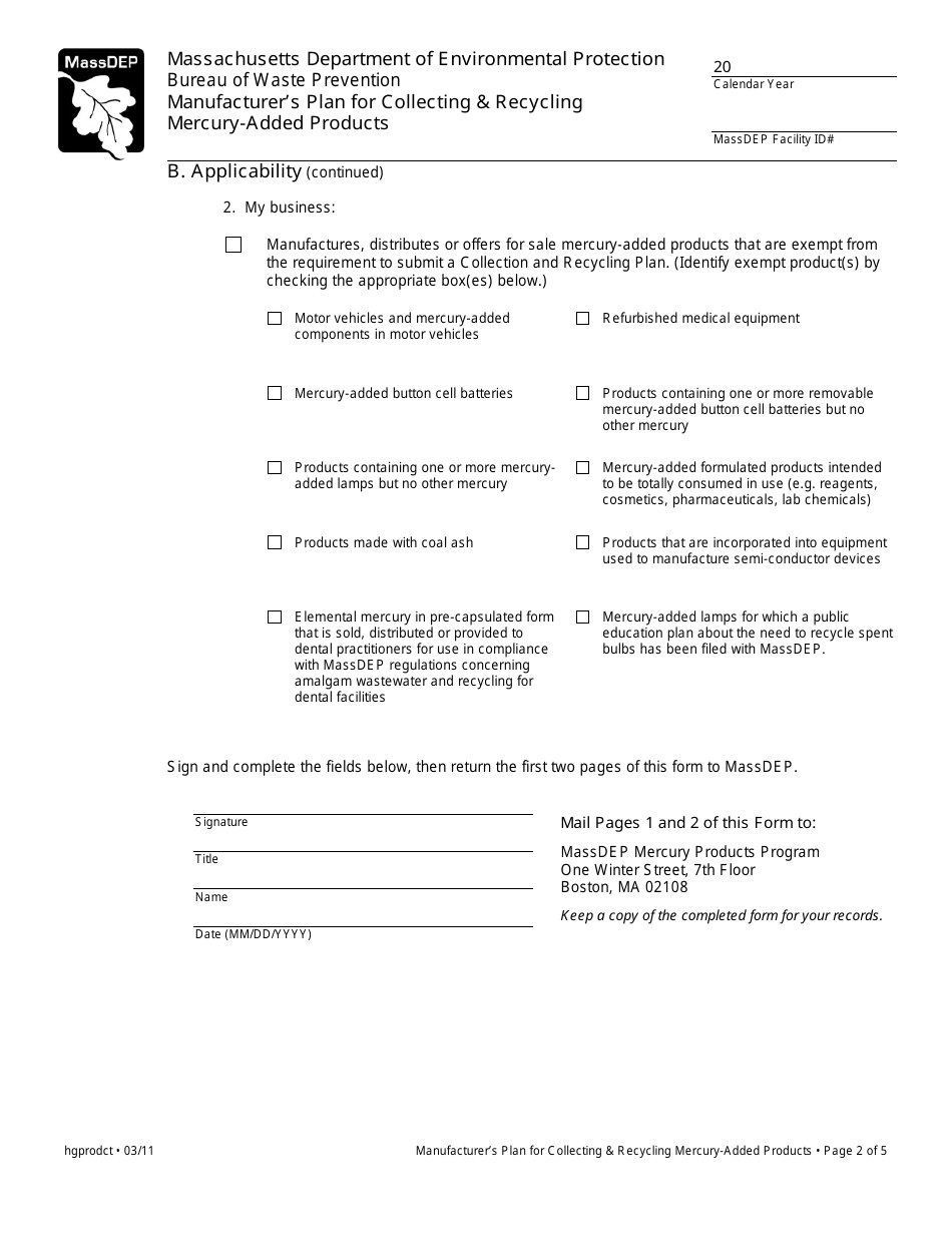 Manufacturers Plan for Collecting  Recycling Mercury-Added Products - Massachusetts, Page 2