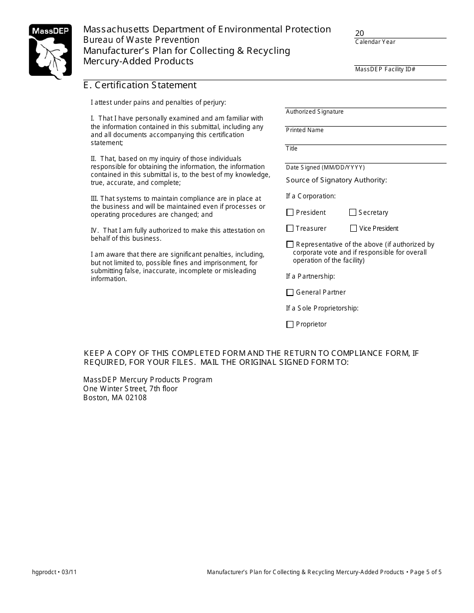 Manufacturers Plan for Collecting  Recycling Mercury-Added Products - Massachusetts, Page 5