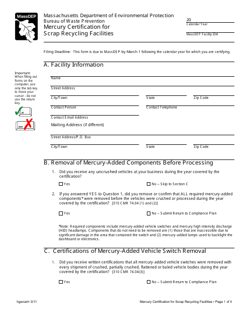 Mercury Certification for Scrap Recycling Facilities - Massachusetts Download Pdf