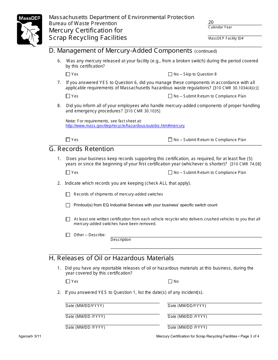 Mercury Certification for Scrap Recycling Facilities - Massachusetts, Page 3