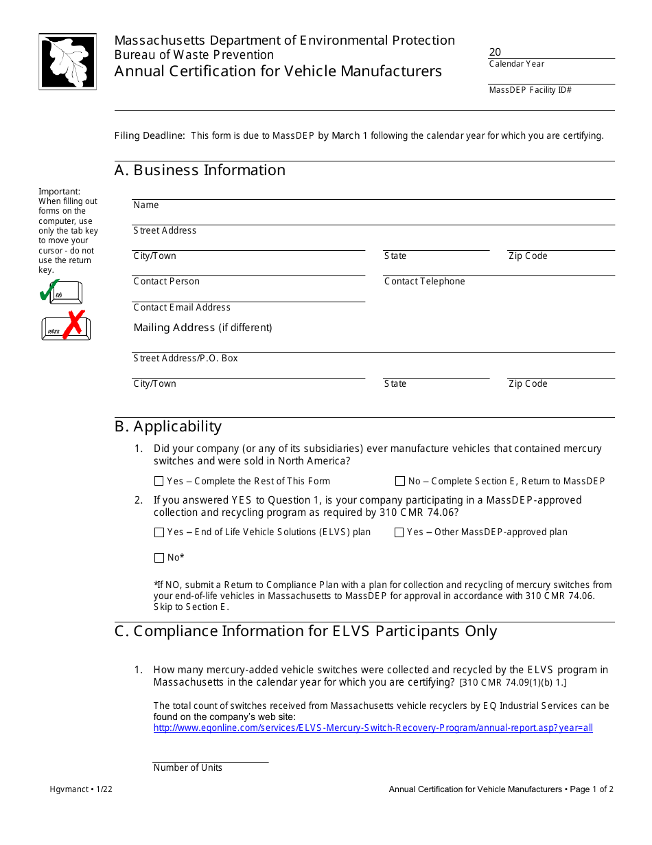 Annual Certification for Vehicle Manufacturers - Massachusetts, Page 1